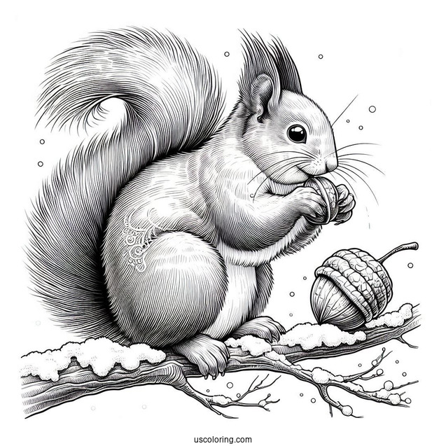 Realistic Squirrel Coloring Page Eating Nut On Snow Covered Branch
