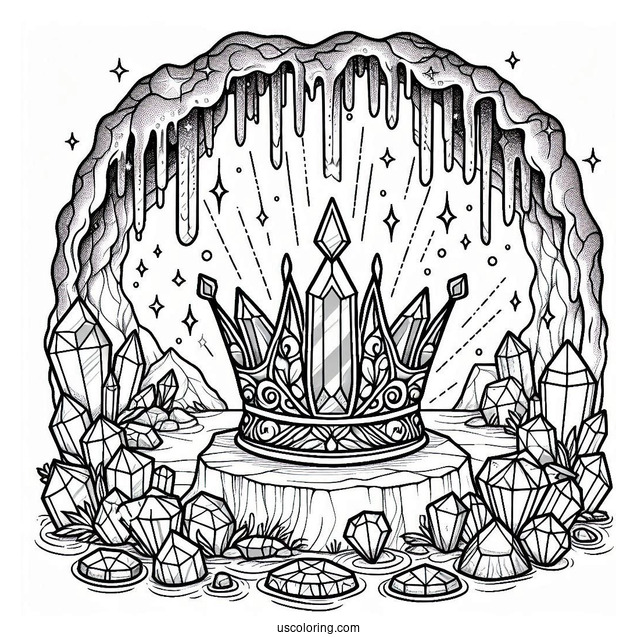 Crystal Crown Coloring Page in a Glittering Gemstone Cave