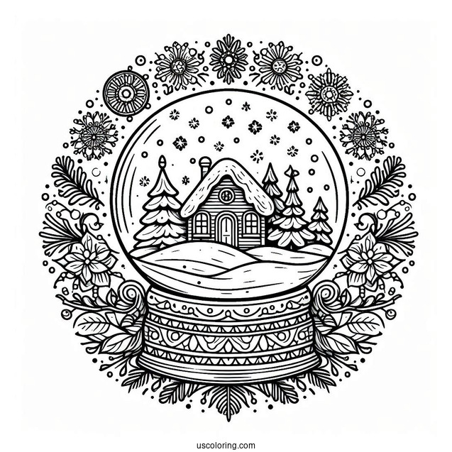 Snow Globe With Cottage In Winter Christmas Mandala Coloring Page
