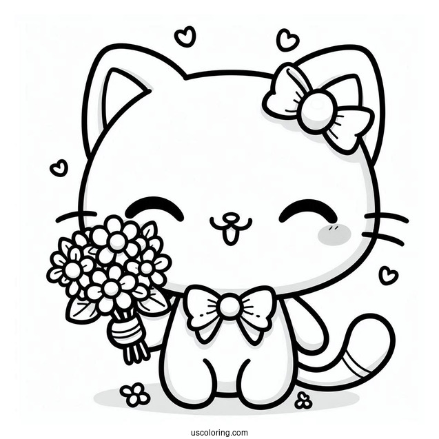 Kawaii Cat Holding A Flower Bouquet Coloring Sheet