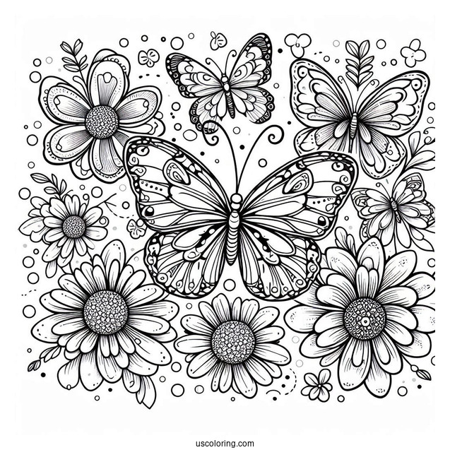 Full Page Butterflies With Flowers Coloring Page