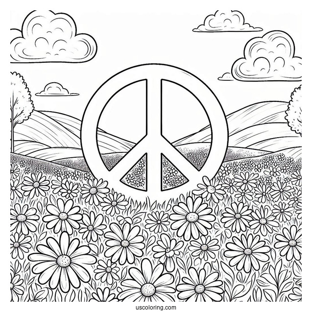 Peace Coloring Page Of Sign On A Flower Field Made Of Daisies
