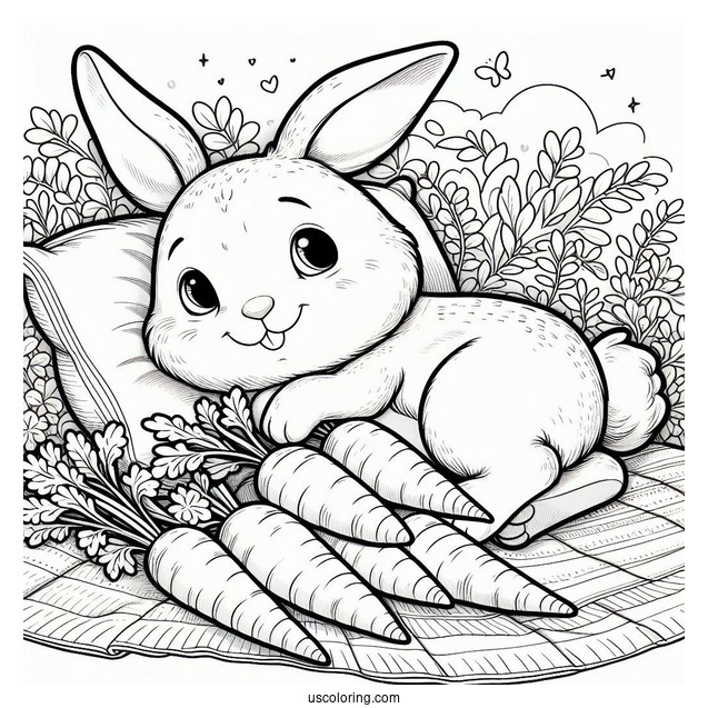 Peter Rabbit Coloring Page Lying On A Bed Of Carrots