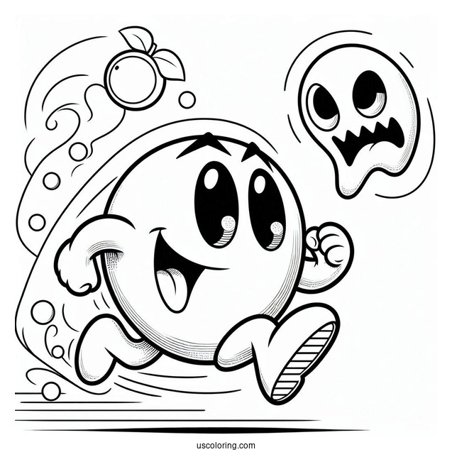 Pac-Man Coloring Page Running Towards Cyan Ghost