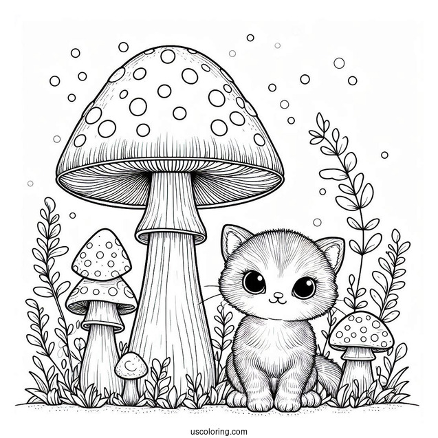 Kittens Sitting On Tall Mushroom Coloring Page
