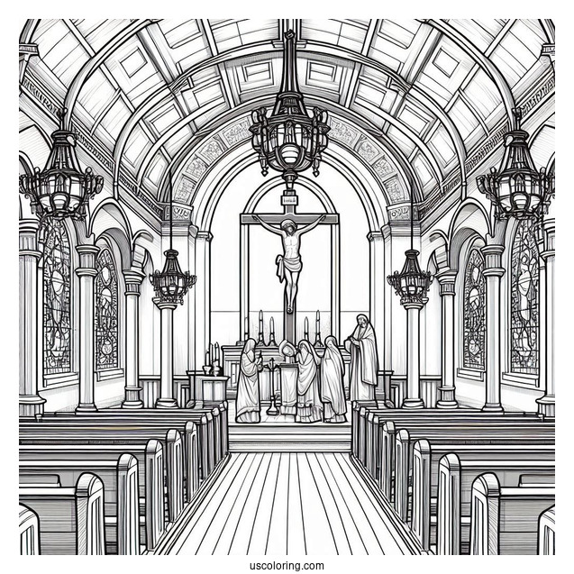 Church Coloring Page Interior With Pews, Stained Glass, And The Crucifixion