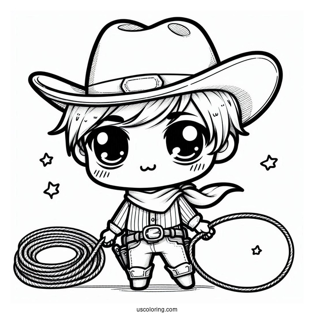 Cute Chibi Cowboy Coloring Page With A Lasso