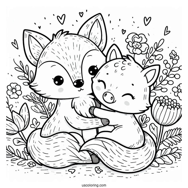 Cute Coloring Page Two Foxes Hugging A Pig