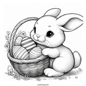Realistic Bunny Carrying A Basket Of Easter Coloring Page Of Eggs