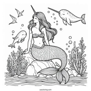 Mermaid Sitting On A Rock With Narwhal Coloring Page Underwater