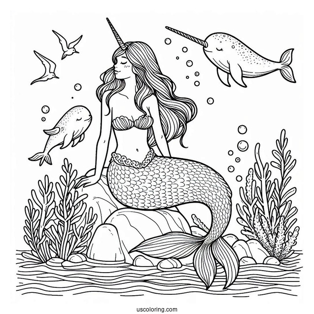 Mermaid Sitting On A Rock With Narwhal Coloring Page Underwater