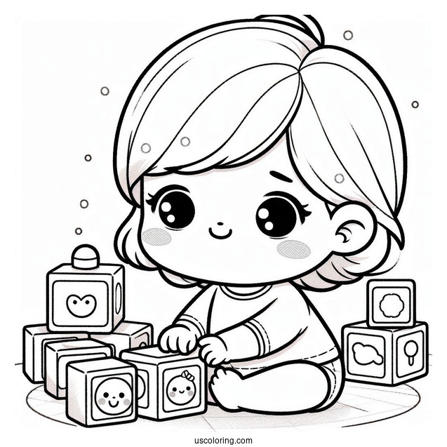 Cute Baby Coloring Page Playing With Blocks For Kids