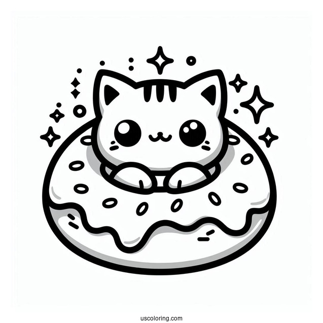 Cat Themed Kawaii Donut Coloring Page
