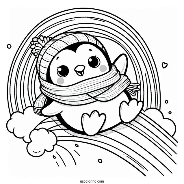 Cute Penguin With A Scarf Sliding Down A Rainbow