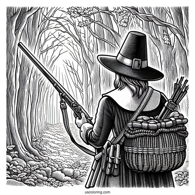 Pilgrim Coloring Page Holding A Musket In The Forest