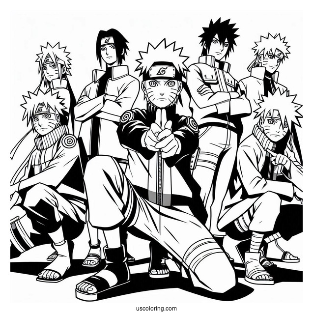 Naruto Coloring Page Of Iconic Team Seven Pose