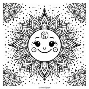 Easy Smiling Sun Mandala Coloring Page For Kids