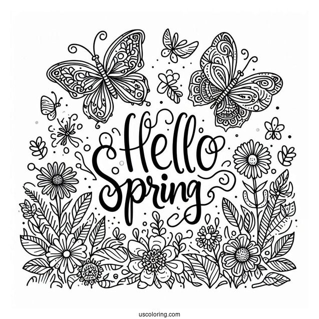Festive Hello Spring Words With Butterfly In The Garden