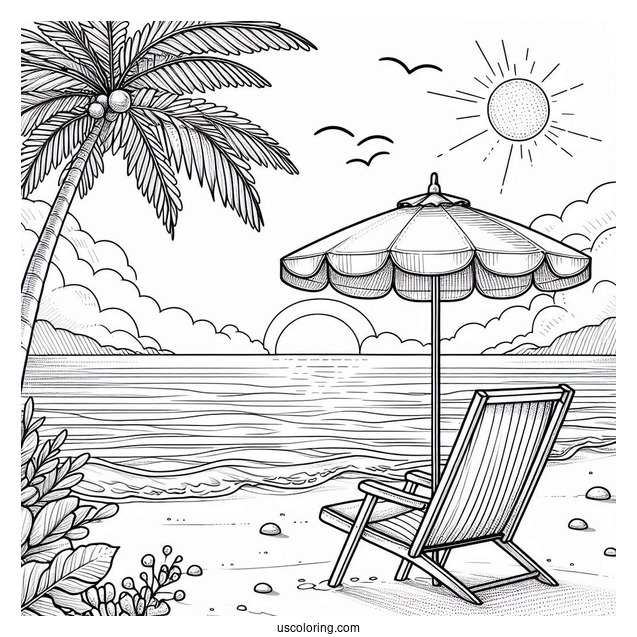 Beach Coloring Page Chair And Umbrella Facing The Sea