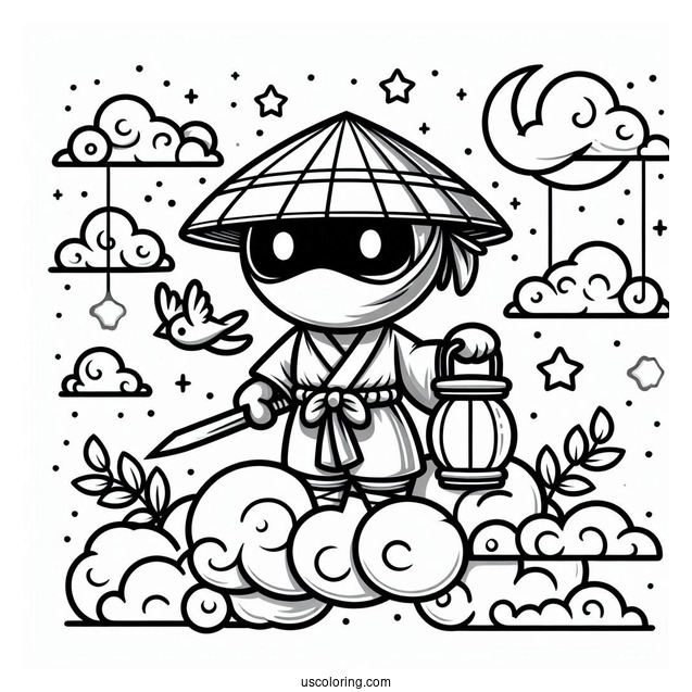 Ninja On A Cloud Holding A Lantern Coloring Sheet For Kids