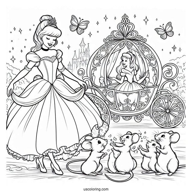 Cinderella With Mice, Fairy And Carriage To Color For Kids