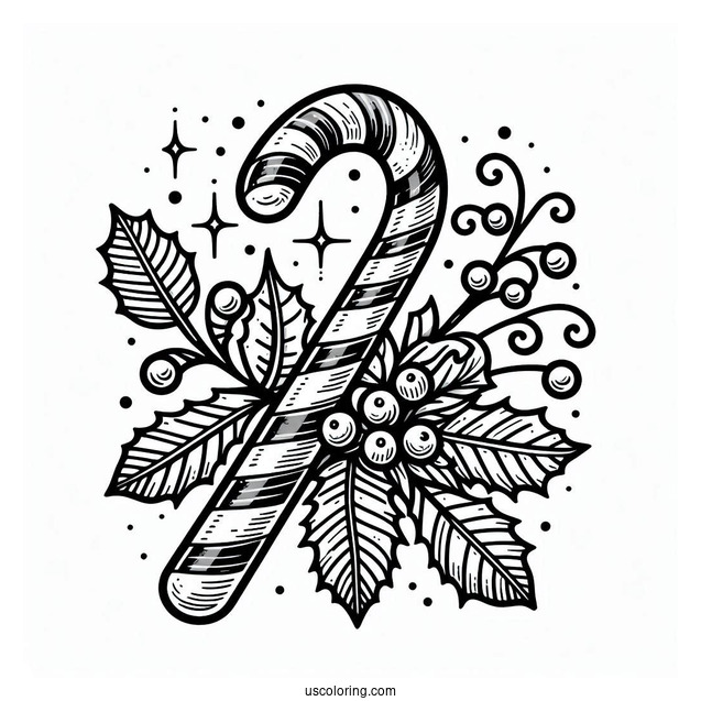 Candy Cane With Mistletoe Coloring Sheet