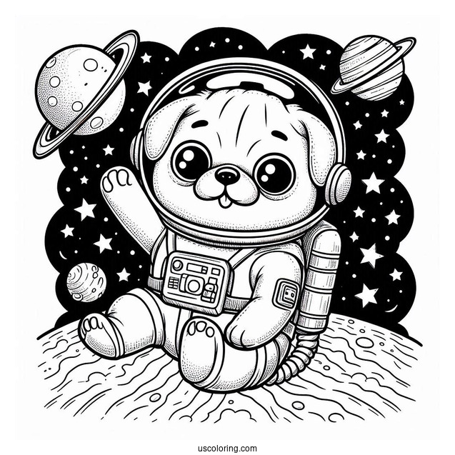 Astronaut Pug Coloring Page Floating in Outer Space