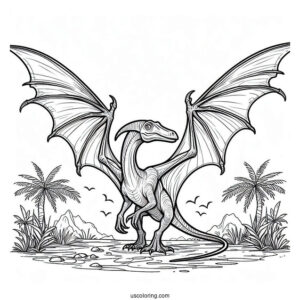Scary Pterodactyl Coloring Page Standing On The Ground And Spreading Wings