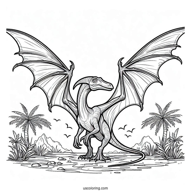 Scary Pterodactyl Coloring Page Standing On The Ground And Spreading Wings