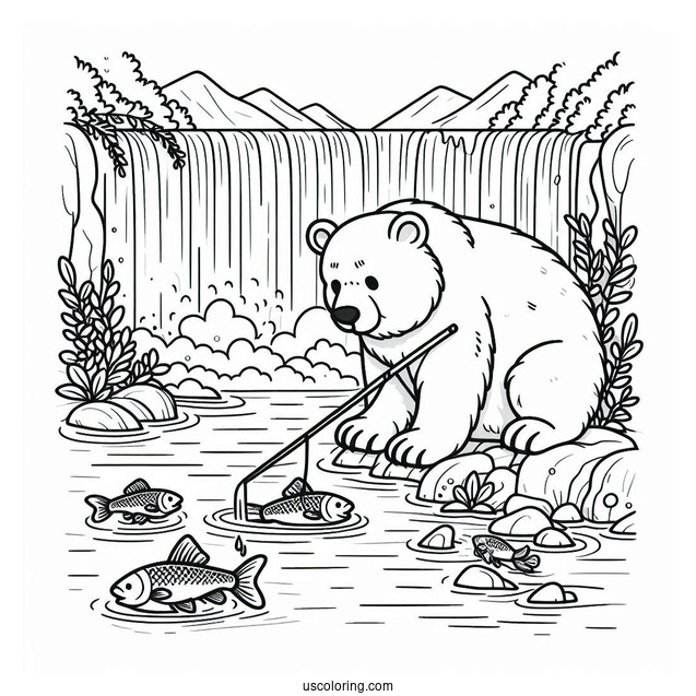 Simple Bear Coloring Page Catching Fish In Waterfalls