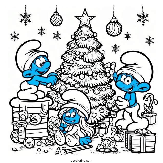 The Smurfs Decorating Christmas Tree Coloring Page