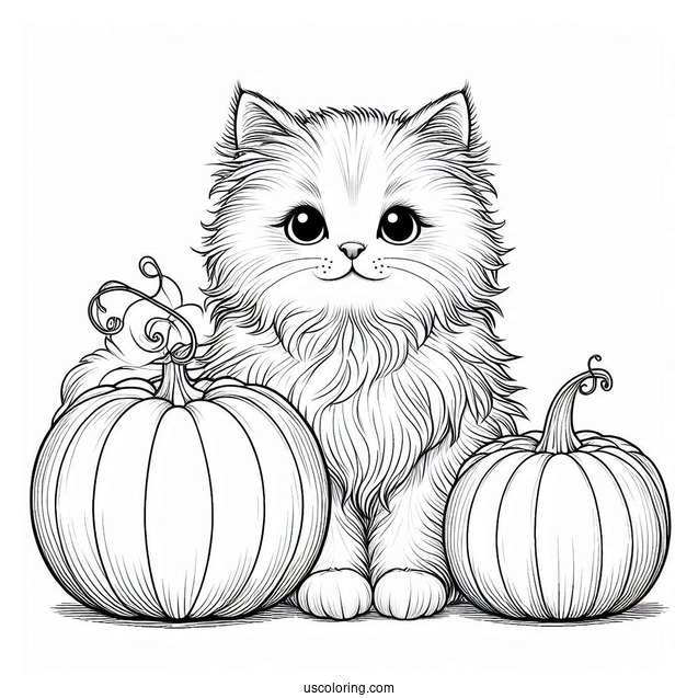Furry Cat Sitting Next To Pumpkins Coloring Page