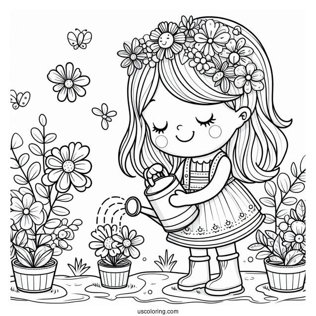 Cute Girl Watering Spring Coloring Page Flowers For Preschoolers