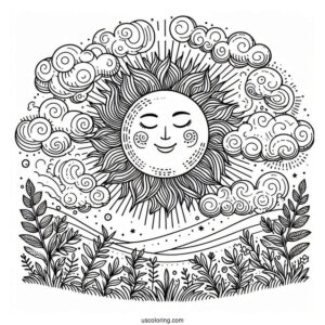 Intricate Sun With Clouds And Vegetation Coloring Page