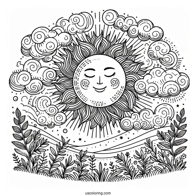 Intricate Sun With Clouds And Vegetation Coloring Page