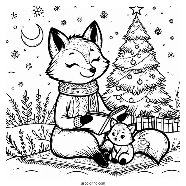 Mama Fox Coloring Page Reading To Baby Fox In Winter Christmas