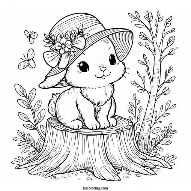 Rabbit Coloring Page With A Hat Sitting On A Tree Stump