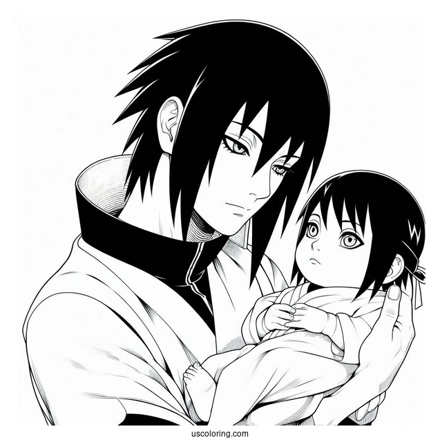 Adult Uchiha Sasuke Coloring Page Holding Baby Sarada
