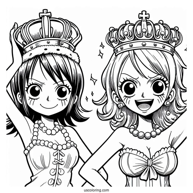 Luffy Coloring Page With Nami Wearing Crowns