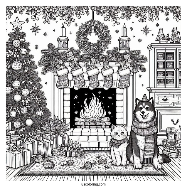 Christmas Coloring Pages For Adults Of Detailed Christmas Living Room With Dog And Cat In Front Of Fireplace