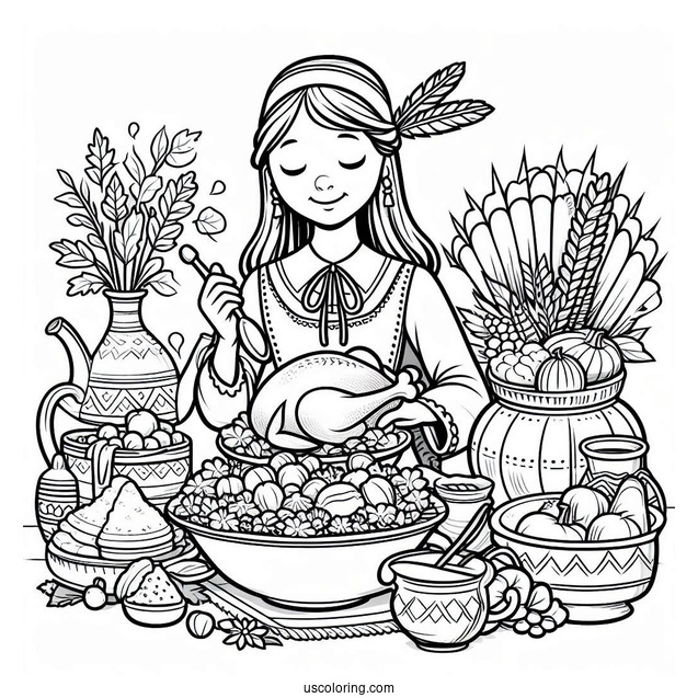 Pilgrim Coloring Page Eating Thanksgiving Feast With Native Americans