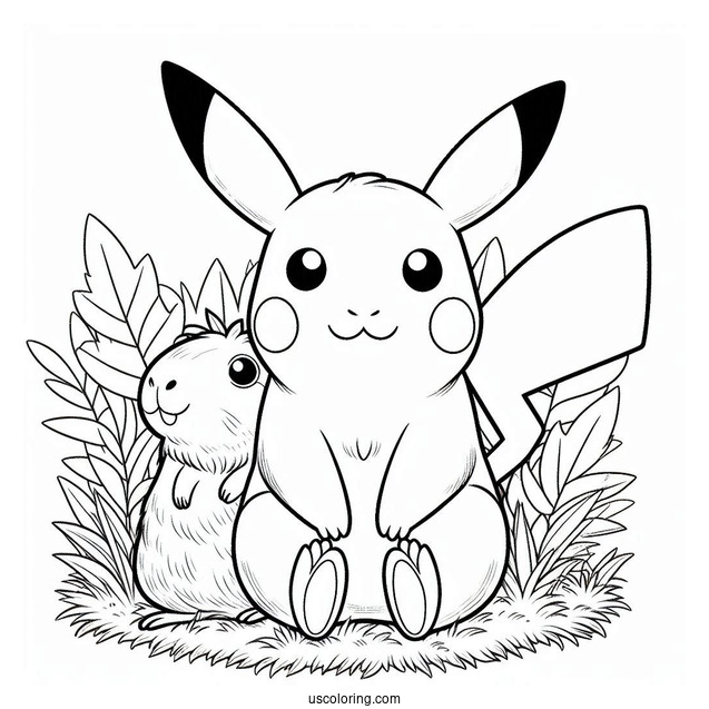Pikachu Sitting On The Grass With A Capybara Coloring Page For Kids