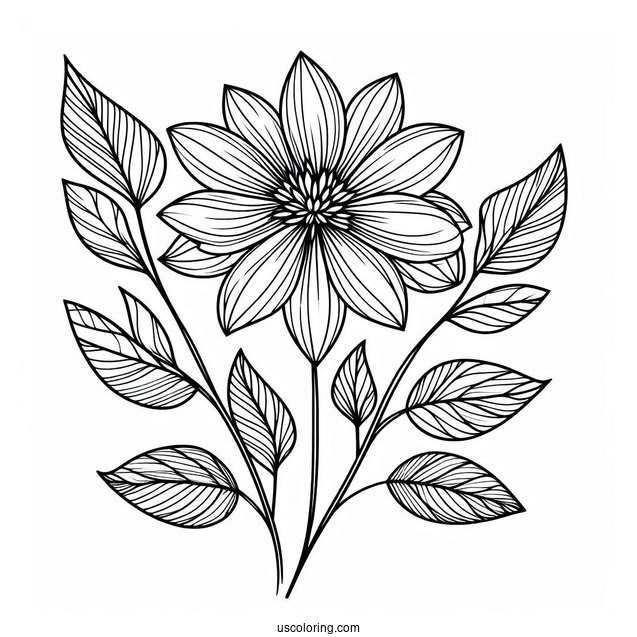 Easy Flower Mandala Coloring Page With Stem And Long Leaves
