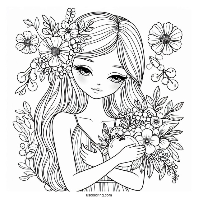 Cute Coloring Page Fashionable Women Holding Flowers And Fruits