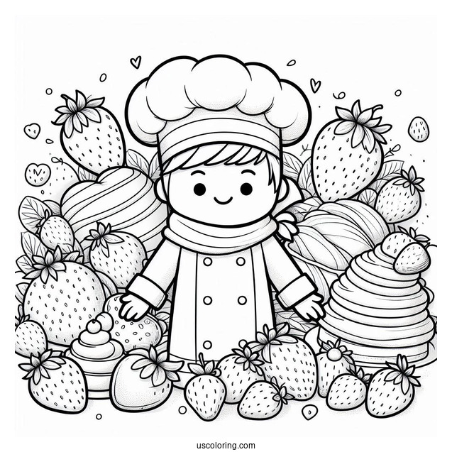 Chef Strawberry Coloring Page In Front Of Pastries