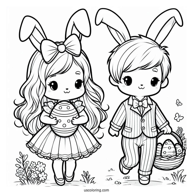 Girl And Boy Easter Bunny Coloring Page Carrying Easter Egg With Bow