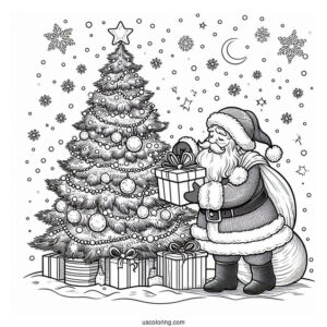 Santa Putting Gifts Under The Tree While Snowing
