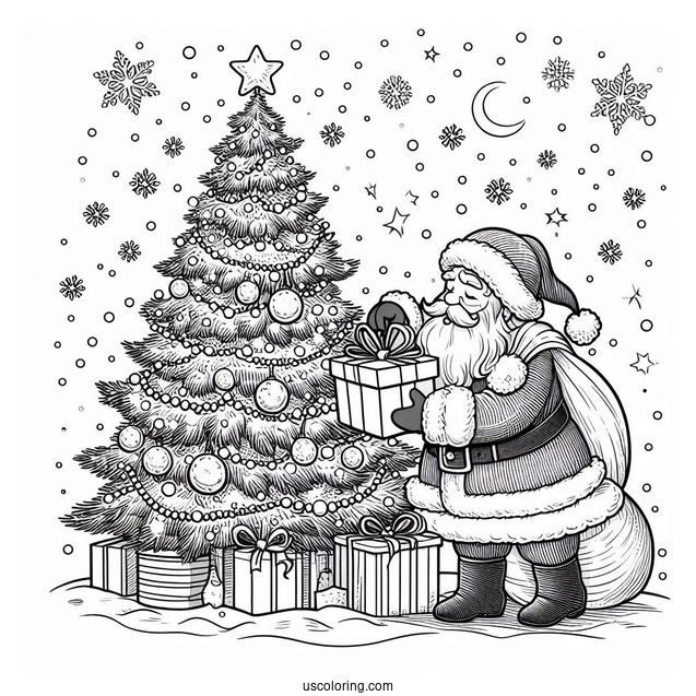 Santa Putting Gifts Under The Tree While Snowing