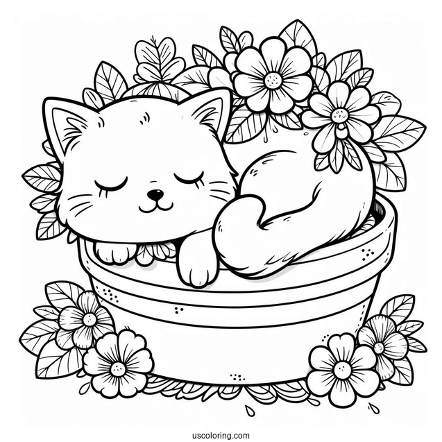 Cat Sleeping Inside Flower Pot Coloring Page