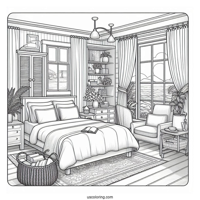 Tidy Bedroom Coloring Page With Scenic Ocean View